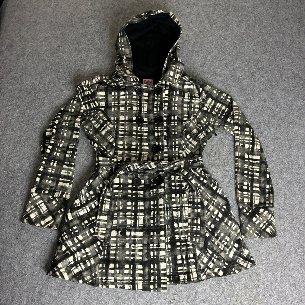 LA Kitty Womens Size Large Black White Abstract Grid Hooded Trench Coat Y2K